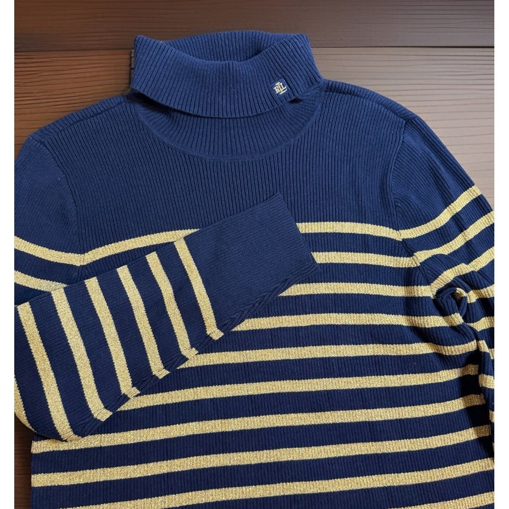RALPH LAUREN Navy Blue Gold Metallic Stripe Cotton Blend Logo Ribbed Sweater 2X